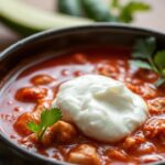 A steaming bowl of red chicken pozole, rich and comforting.
