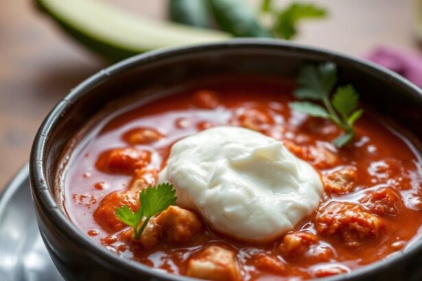 A steaming bowl of red chicken pozole, rich and comforting.