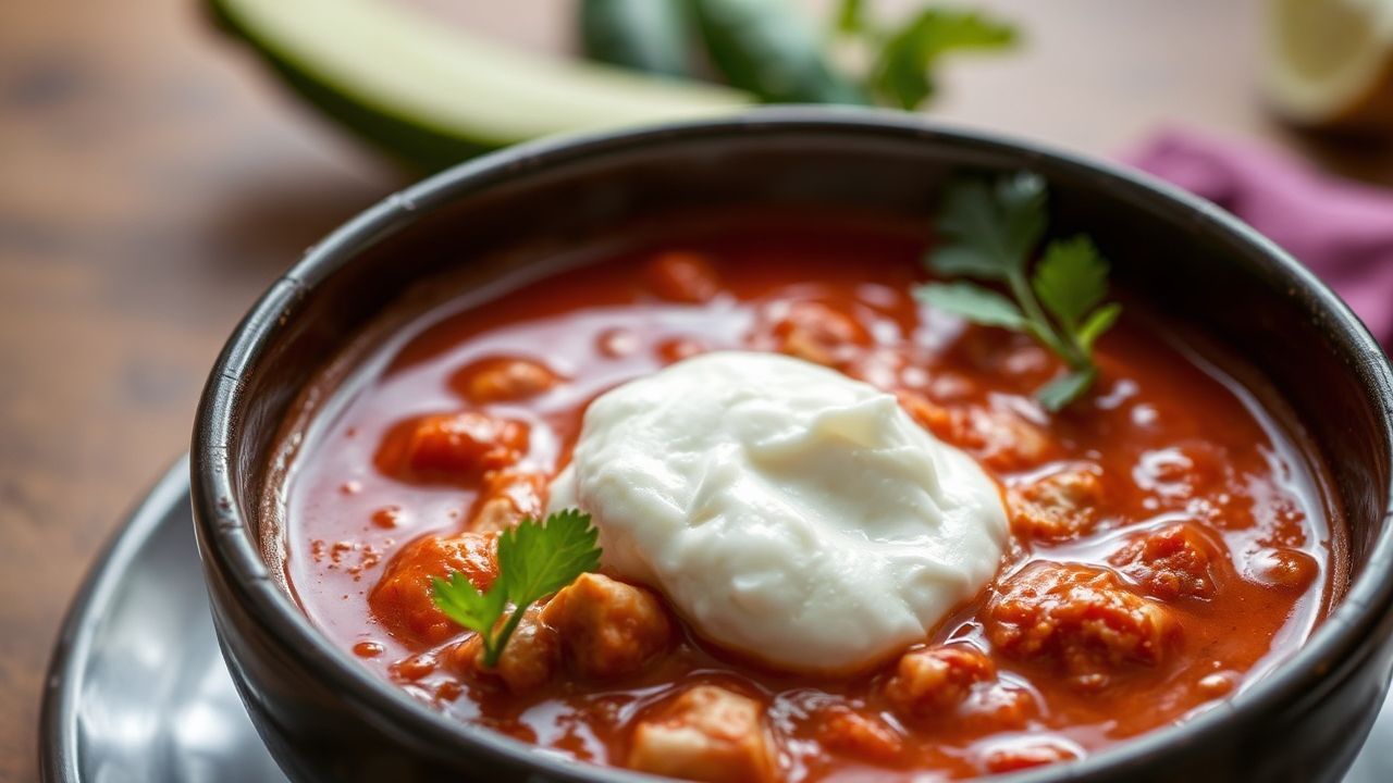 A steaming bowl of red chicken pozole, rich and comforting.