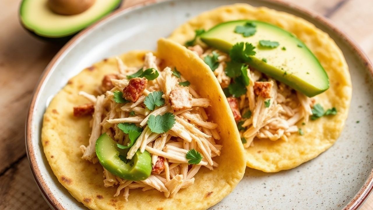 Golden arepa pocket filled with shredded chicken and avocado.