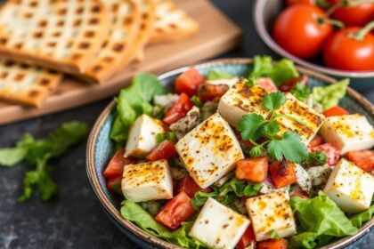 Charred halloumi atop a vibrant Lebanese Fattoush salad.