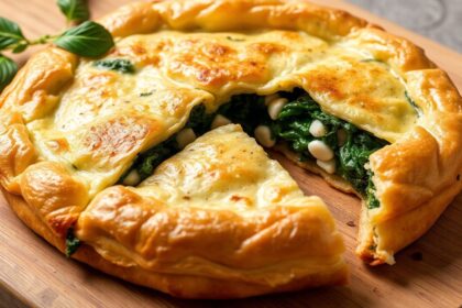 Golden spanakopita, a savory Greek spinach pie, ready to serve.