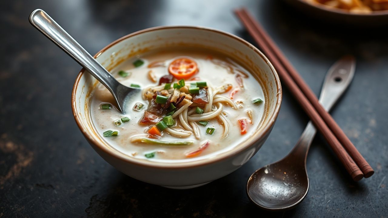 Comforting Khao Suey: Rich, creamy Burmese noodle soup with diverse toppings.