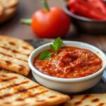 Vibrant Muhammara dip with grilled flatbread, a taste of Syrian soul.