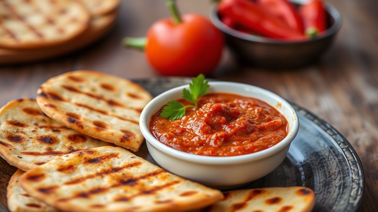 Vibrant Muhammara dip with grilled flatbread, a taste of Syrian soul.