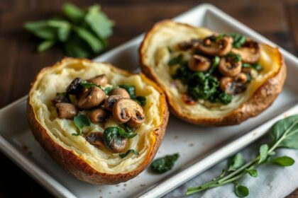 Elevated baked potatoes with earthy mushrooms and vibrant spinach.