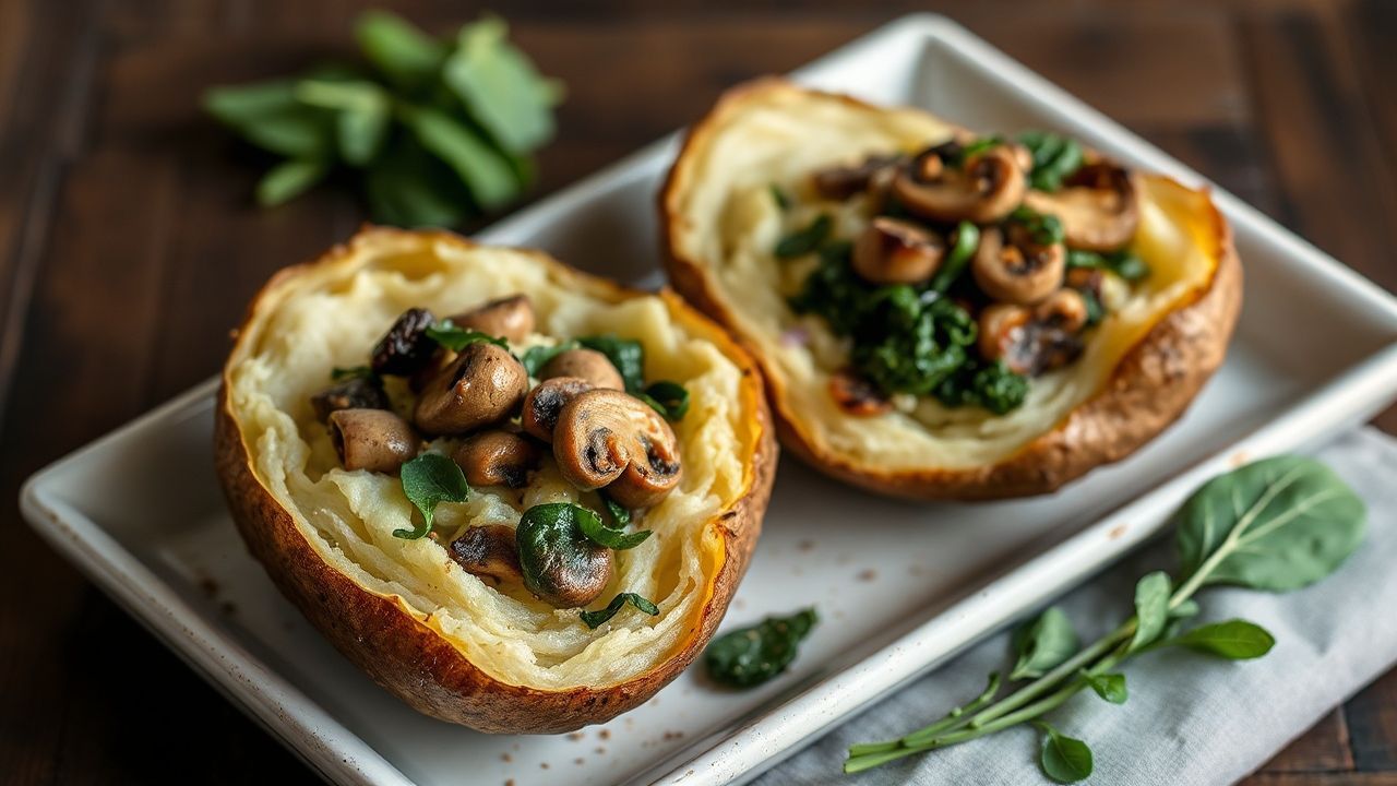 Elevated baked potatoes with earthy mushrooms and vibrant spinach.