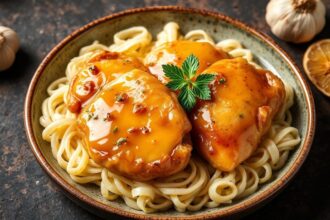 Juicy honey garlic chicken thighs, a sweet and savory delight.