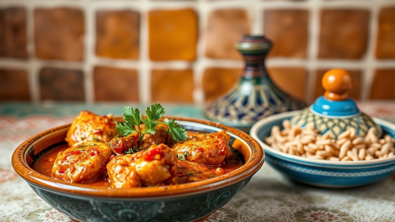 Moroccan chicken tagine bubbling in a traditional tagine pot.