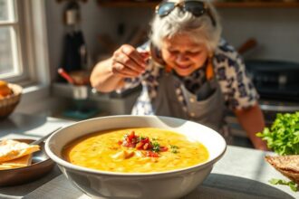 Steaming bowl of Tortilla Soup topped with cilantro and crisp tortilla strips.