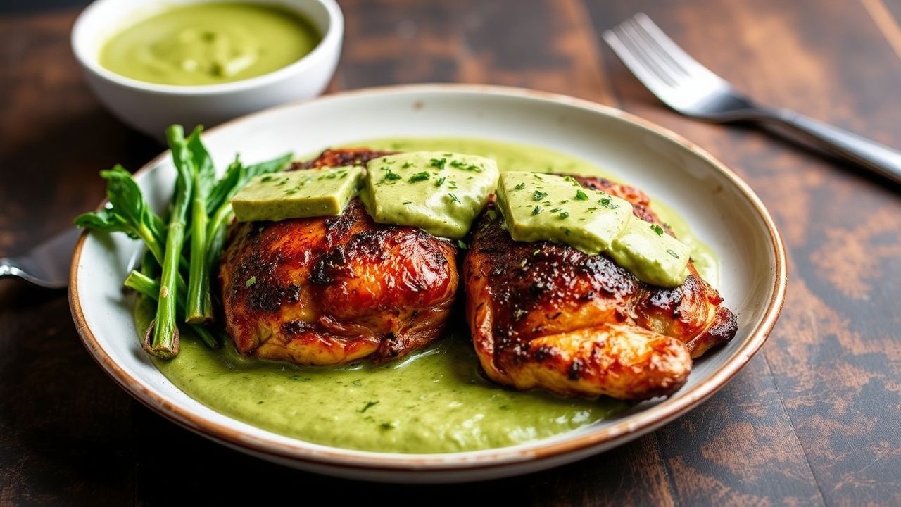 Creamy green sauce over succulent Peruvian chicken on a vibrant plate.