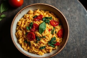 Creamy sun-dried tomato and spinach risotto served in a bowl.
