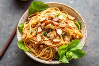 A bowl of crunchy Ramen Salad featuring colorful vegetables and golden toasted noodles.