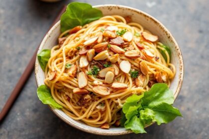 A bowl of crunchy Ramen Salad featuring colorful vegetables and golden toasted noodles.