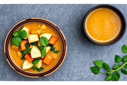 Creamy coconut curry with golden tofu and fresh vegetables, highlighting balanced textures and depth.