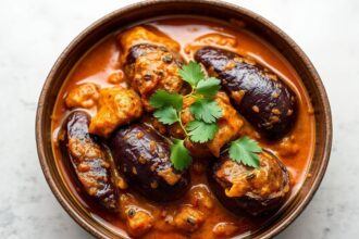 A bowl of rich, silken eggplant curry garnished with fresh herbs and spices.