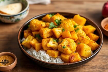 Crispy, pan-seared Aloo Gobi with golden edges showcasing the flavorful Maillard reaction.