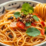 Vibrant ramen salad with fresh vegetables and savory toppings.