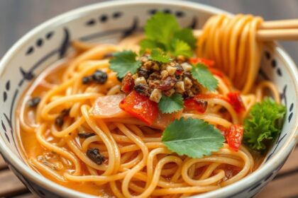 Vibrant ramen salad with fresh vegetables and savory toppings.