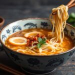 Rich vegan ramen in a steaming bowl, artfully garnished.