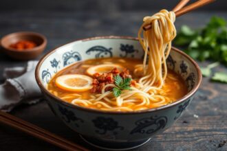 Rich vegan ramen in a steaming bowl, artfully garnished.