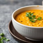 Rich coconut curry lentil soup steaming in a bowl.