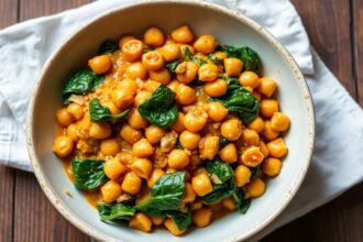 Hearty vegan chickpea curry with spinach, a flavorful and satisfying meal.