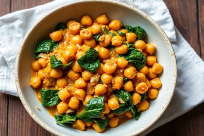 Hearty vegan chickpea curry with spinach, a flavorful and satisfying meal.