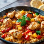 Vibrant chicken and vegetable paella, a Spanish culinary masterpiece.