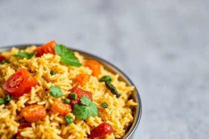 Fragrant Indian vegetable biryani, a symphony of spices and textures.