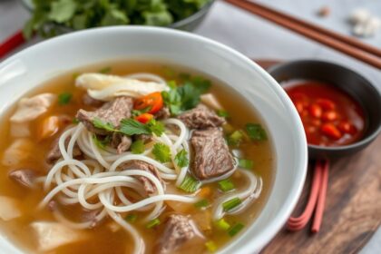 Steaming bowl of pho, a soulful Vietnamese beef noodle soup experience.