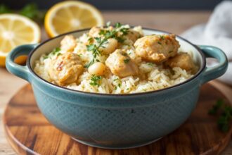 Juicy lemon herb chicken rice in one pot, a simple and flavorful dish.