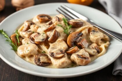 Creamy chicken mushroom stroganoff with herbs, a comforting reimagined classic.