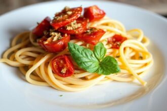Juicy tomato chicken pasta, sun-kissed and delicious.