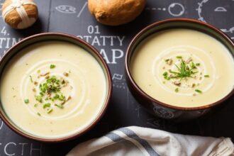 Creamy dairy-free potato leek soup, hearty and delicious.