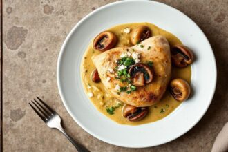 Creamy chicken fricassée with mushrooms, a culinary classic.