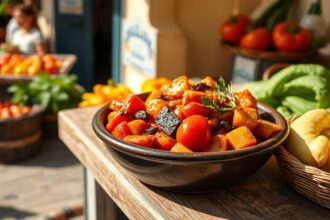 Vibrant ratatouille with sun-kissed Provençal vegetables, a taste of sunshine.