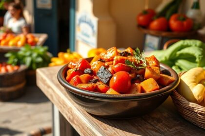 Vibrant ratatouille with sun-kissed Provençal vegetables, a taste of sunshine.