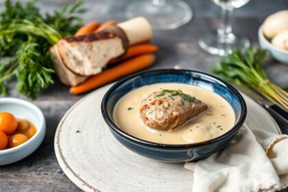 Rich veal blanquette with tender carrots, French comfort food perfection.