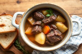 Hearty pot-au-feu, a comforting French stew, embodies classic French cuisine.