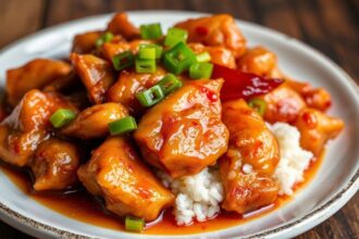 Golden crispy chicken, vibrant sweet sour sauce, authentic Chinese dish.