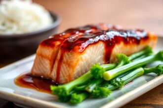 Juicy teriyaki salmon with vibrant glaze, a culinary icon.