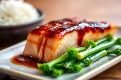 Juicy teriyaki salmon with vibrant glaze, a culinary icon.