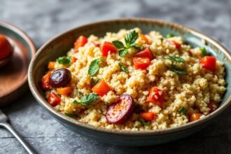 Moroccan couscous dish, a vibrant seven-vegetable symphony.