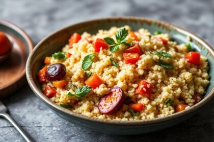 Moroccan couscous dish, a vibrant seven-vegetable symphony.