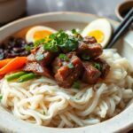Vibrant Korean bibimbap, a colorful bowl of rice, beef, and vegetables.