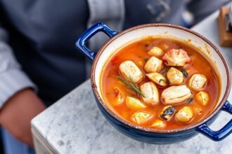 Rich bouillabaisse, saffron-infused Marseille fish stew, steaming in bowl.