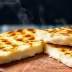 Golden, bubbly provoleta sizzling on a grill, a cheese lover's dream.