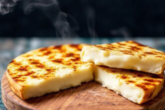 Golden, bubbly provoleta sizzling on a grill, a cheese lover's dream.