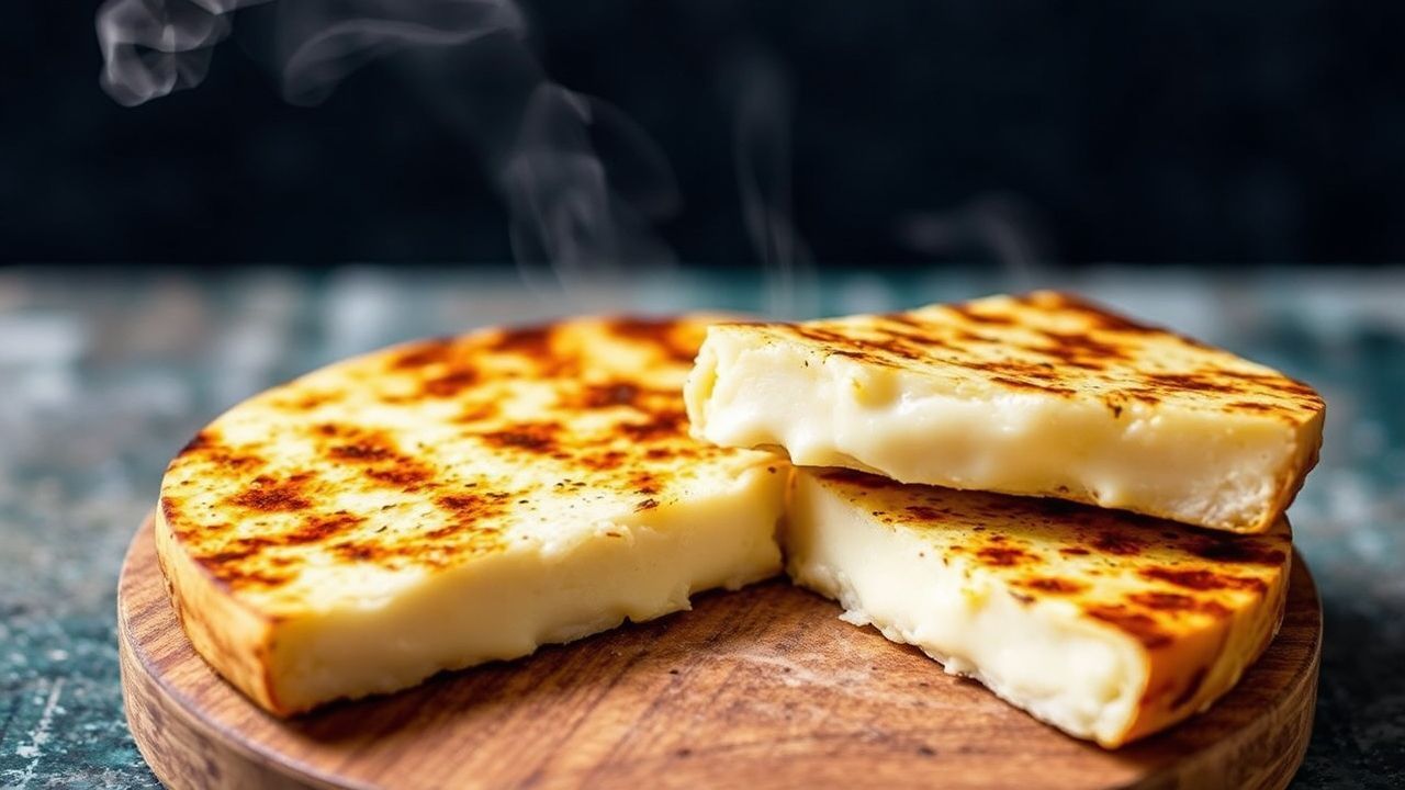 Golden, bubbly provoleta sizzling on a grill, a cheese lover's dream.